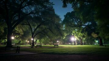 parco a notte con panchine e alberi. generativo ai foto