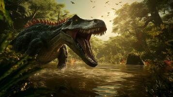 Spinosaurus a caccia pesce nel palude scena. generativo ai foto