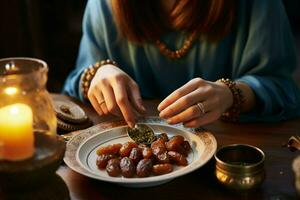 tradizionale musulmano digiuno un' donna con date, cominciando sua veloce rottura rituale ai generato foto