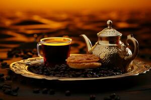 grassetto e aromatico arabo nero caffè, un' tradizionale infuso di ricco sapori ai generato foto