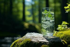 un' bicchiere di naturale minerale acqua contro un' foresta sfondo, ideale per estate terme ai generato foto