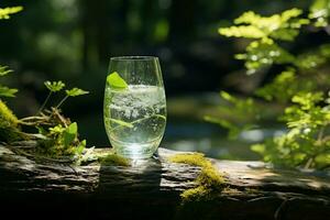 foresta serenità incontra minerale acqua rinfresco, il essenza di un' estate terme ai generato foto