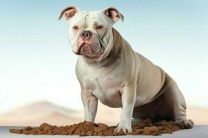 isolato bianca americano prepotente cane sta su con suo Impressionante presenza ai generato foto