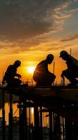 tramonto silhouette costruzione lavoratori grazia il orizzonte, un' simbolo di giorni fine verticale mobile sfondo ai generato foto