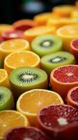 barcellona sapori su vicino raffigurazione di affettato fresco frutta nel la boqueria mercato verticale mobile sfondo ai generato foto