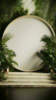 elevato vetrina 3d interpretazione di bianca oro podio, accentato di lussureggiante palma le foglie verticale mobile sfondo ai generato foto