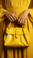 palmare fiuto donna con grazia frizioni giallo totalizzatore, infusione colore in sua insieme verticale mobile sfondo ai generato foto