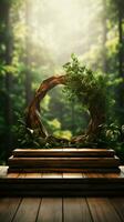 natura ispirato di legno podio con ai generato le foglie sfondo, un artistico Prodotto Schermo verticale mobile sfondo ai generato foto
