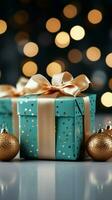 allegro diletto Natale regalo scatola sta su su turchese bokeh sfondo. verticale mobile sfondo ai generato foto