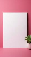 minimalista grazia vuoto bianca carta su pastello rosa, in attesa il tuo sentito parole. verticale mobile sfondo ai generato foto