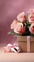 La madre di giorno tema rosa rosa, kraft regalo scatola su rosa tavolo sfondo. verticale mobile sfondo ai generato foto