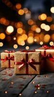 Natale Magia regalo scatole, rosso archi, scintillio in mezzo bokeh luci' celebrazione. verticale mobile sfondo ai generato foto