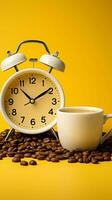allarme orologio, carta tazza, e caffè fagioli su isolato giallo sfondo composizione. verticale mobile sfondo ai generato foto