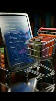 3d appunti integra shopping carrello per organizzato in linea acquisti. verticale mobile sfondo ai generato foto