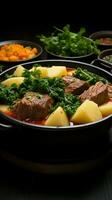 sano festa gustoso carne la minestra, patate, e verdura in mostra su un' buio tavolo verticale mobile sfondo ai generato foto