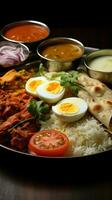 sano diffusione pollo thali include fritte pollo, uovo curry, Lenticchie, biryani, Roti, e cipolle verticale mobile sfondo ai generato foto