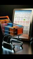 3d appunti integra shopping carrello per organizzato in linea acquisti. verticale mobile sfondo ai generato foto