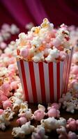 cinematico diletto fresco Popcorn si apre nel vivace rosa, grazia un' cinematico a tema tavolo verticale mobile sfondo ai generato foto