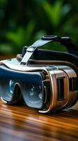 digitale armonia su legna vr bicchieri adornano il scrivania con tecnologico eleganza verticale mobile sfondo ai generato foto