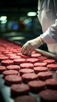 Hamburger tortini prendere forma sotto il qualificato mani di dedito macellai in lavorazione verticale mobile sfondo ai generato foto