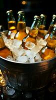raffreddato birra bottiglie riposo nel un ghiaccio pieno secchio, promettente freddo e delizioso sorsi verticale mobile sfondo ai generato foto
