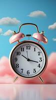 pastello rosa blu sfondo, allarme orologio in mezzo nuvole, incarna creativo minimo concetto. verticale mobile sfondo ai generato foto