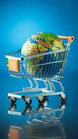 In tutto il mondo shopping concetto carrello posto su un' blu globo superficie rappresenta globale commercio. verticale mobile sfondo ai generato foto