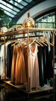 capi di abbigliamento negozio grucce mostra moderno moda, evidenziazione il boutique elegante ambiente. verticale mobile sfondo ai generato foto
