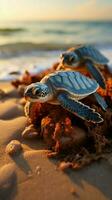 costiero meraviglia mare tratteggio svela bambino tartarughe come essi inizio oceanico esplorazione. verticale mobile sfondo ai generato foto