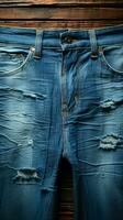 denim incontra legna blu pantaloni contro di legno fondale per un' aspro elegante vibrazione. verticale mobile sfondo ai generato foto