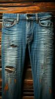 denim incontra legna blu pantaloni contro di legno fondale per un' aspro elegante vibrazione. verticale mobile sfondo ai generato foto