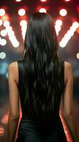 elegante indietro profilo womans fascino sottolineato di sua lungo, dritto nero capelli verticale mobile sfondo ai generato foto