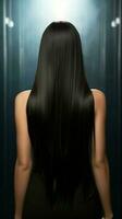 elegante indietro profilo womans fascino sottolineato di sua lungo, dritto nero capelli verticale mobile sfondo ai generato foto