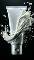 cosmetico raffinatezza crema spruzzo migliora il appello di vuoto bianca tubo verticale mobile sfondo ai generato foto