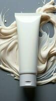 cremoso eleganza vuoto bianca cosmetico tubo ornato con un' travolgente crema spruzzo verticale mobile sfondo ai generato foto