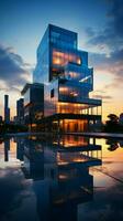 dominante orizzonte, un' tentacolare moderno ufficio edificio definisce urbano eleganza e efficienza. verticale mobile sfondo ai generato foto