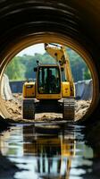 movimento terra operazioni bruco scavatrice a opera, trasformando costruzione luogo vicino calcestruzzo tubo. verticale mobile sfondo ai generato foto