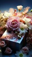 elevato bellezza leggero sfondo migliora il scatola ornato con incantevole fiori verticale mobile sfondo ai generato foto