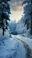 incantevole scena innevato strada venti in mezzo carico di neve abete alberi, la creazione di pittoresco bellezza. verticale mobile sfondo ai generato foto