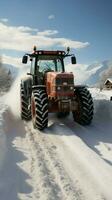 dopo il tempesta di neve, un' trattore diligentemente cancella il strada, la creazione di un' passaggio. verticale mobile sfondo ai generato foto