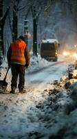 uragano conseguenze strada lavoratore nel protettivo Ingranaggio pale marciapiede, radura innevato strada. verticale mobile sfondo ai generato foto