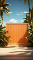 mare fascino 3d interpretazione cattura arancia di legno parete, lussureggiante palme, e sabbioso riva verticale mobile sfondo ai generato foto