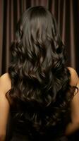 studio ritratto lungo, nero Riccio capelli cascate elegantemente, in mostra brune indietro Visualizza verticale mobile sfondo ai generato foto