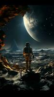 astronauta su Luna guarda indietro a terra, Incapsulando un' profondo cosmico prospettiva. verticale mobile sfondo ai generato foto