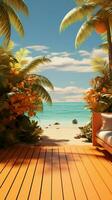 tropicale Paradiso 3d interpretazione Caratteristiche arancia di legno parete, lussureggiante palme, e sabbioso riva verticale mobile sfondo ai generato foto