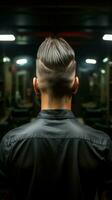 barbieri abilità posteriore Visualizza di maschi taglio di capelli, sfondo artisticamente sbiadito verticale mobile sfondo ai generato foto