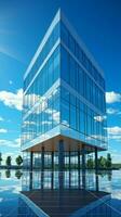 cielo blu fondale complementi un' elegante moderno ufficio costruzione, che rappresentano aziendale raffinatezza. verticale mobile sfondo ai generato foto