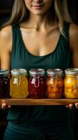 avvicinamento Visualizza donna detiene di legno piatto, in mostra diverso frutta marmellate nel bicchiere barattoli verticale mobile sfondo ai generato foto