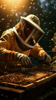 tra api, apicoltore afferra Favo, unendo umano cura con nature abbondanza verticale mobile sfondo ai generato foto