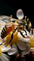 illuminato di giorno macro ape grazie un' fiore, nature armonia catturato nel squisito dettaglio verticale mobile sfondo ai generato foto